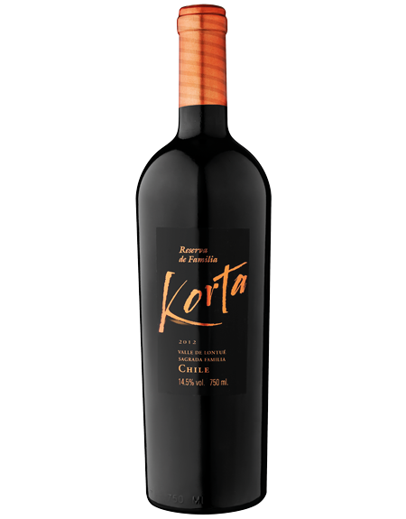 Garrafa de vinho tinto Korta Reserva de Familia 2012, com rótulo detalhado e selo de 750ml, 14.5%